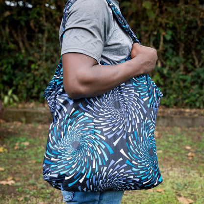 Compact Kitenge Tote Bag- "Blue Pinwheels"